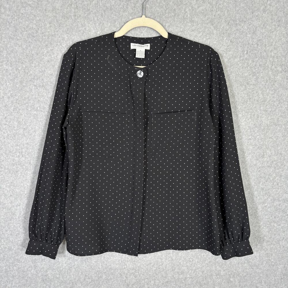 Liz Claiborne Blouse Women 4 Small Black White Polka Dot Button Puff Career Twee